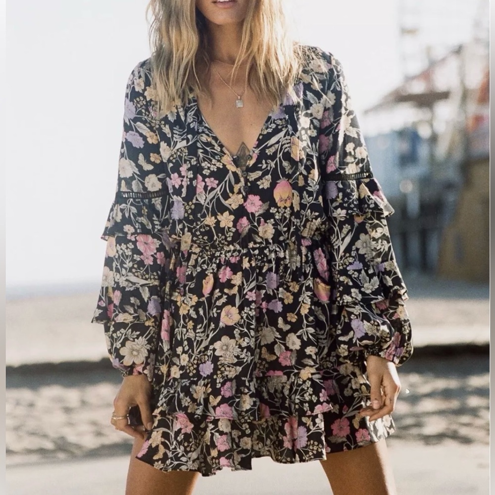 Spell Floral Print Sayulita Frill Dress in Nightshade/Size: XXS